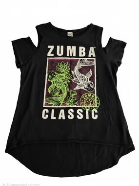 Zumba Fitness Black Tee with Neon Green & Purple Koi Graphic